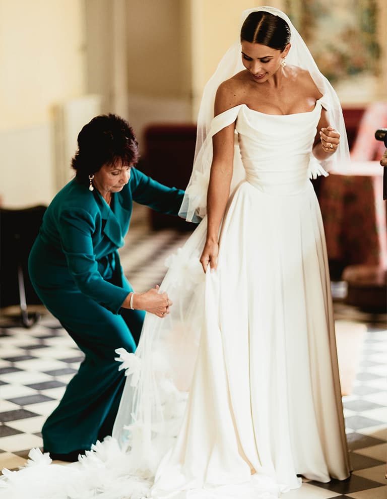 bride at black tie wedding