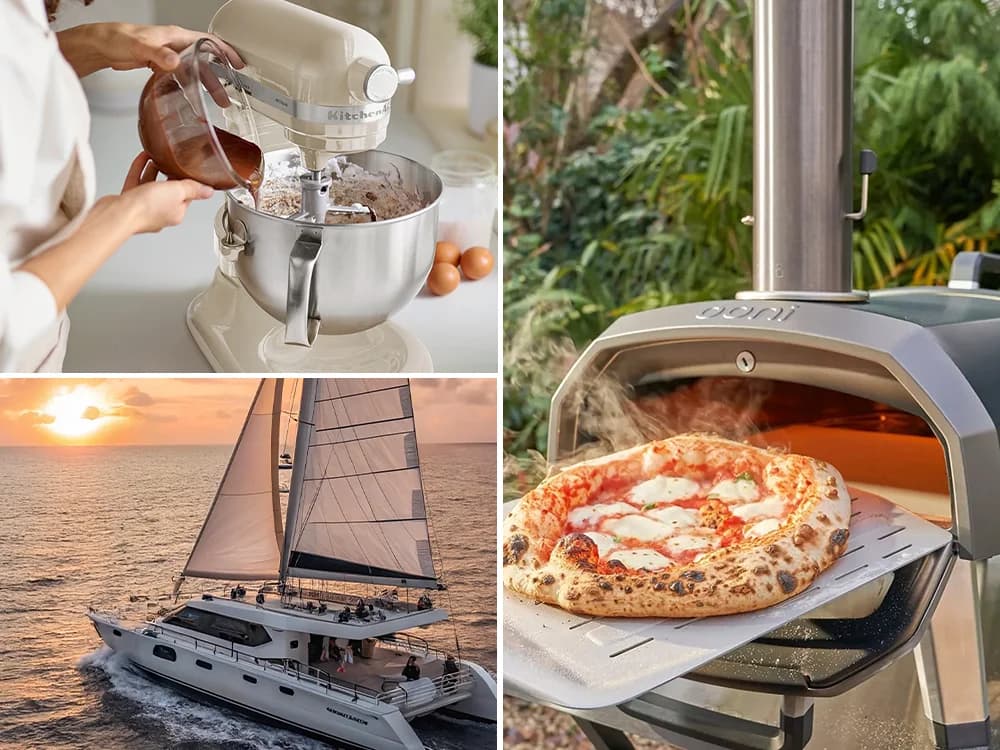 Collage of best wedding gift ideas including KitchenAid mixer, sunset cruise voucher and Ooni pizza oven