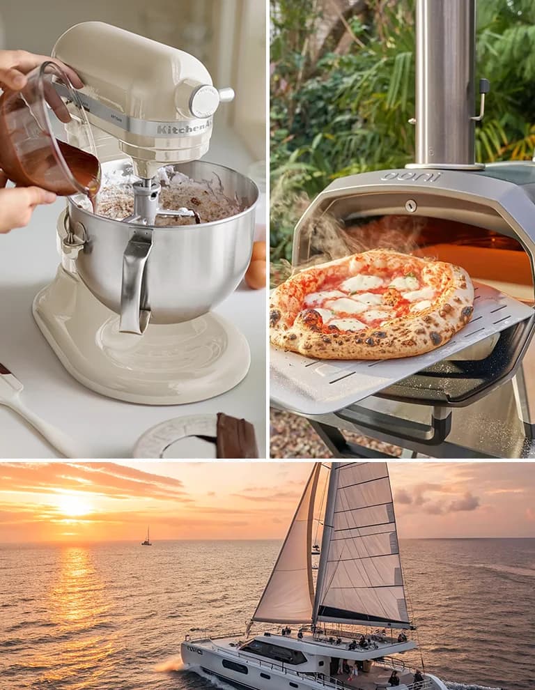 Collage of best wedding gift ideas including KitchenAid mixer, sunset cruise voucher and Ooni pizza oven