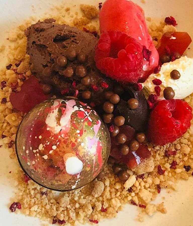 chocolate and raspberry pudding from wedding caterer