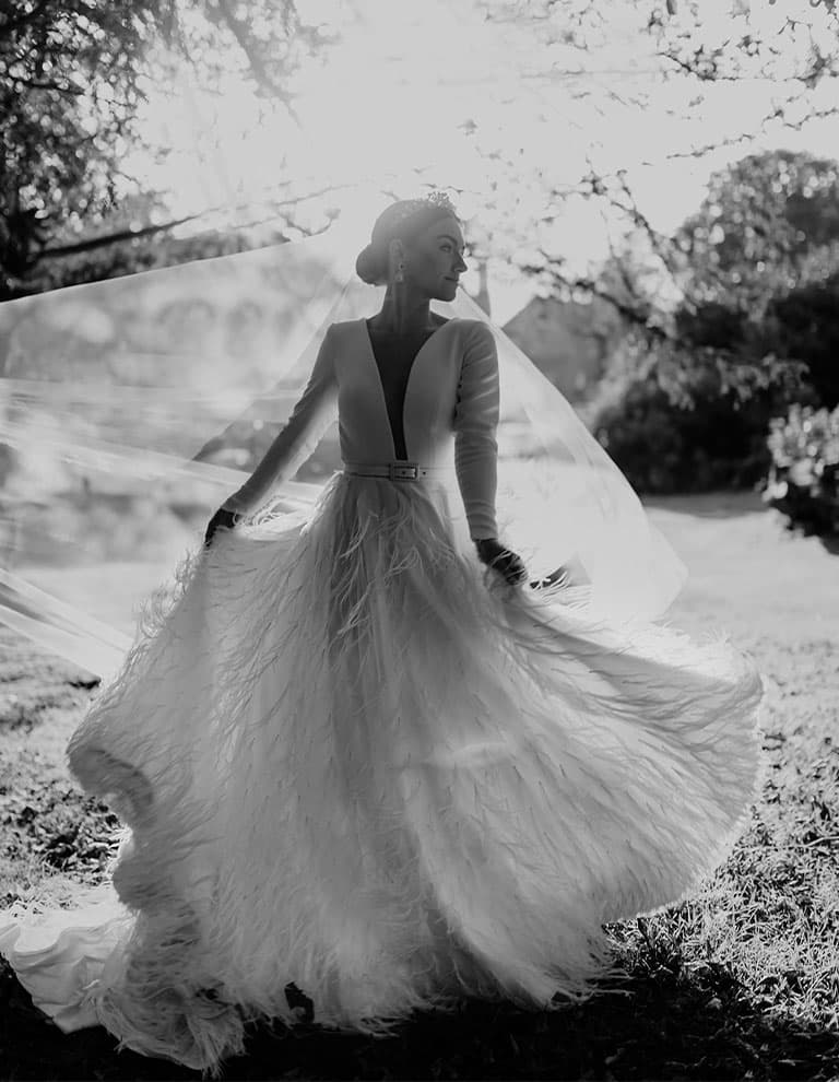 Ruffled feather wedding dress