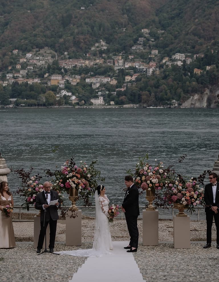 Meighan & Bertie say wedding vows, Lake Como backdrop
