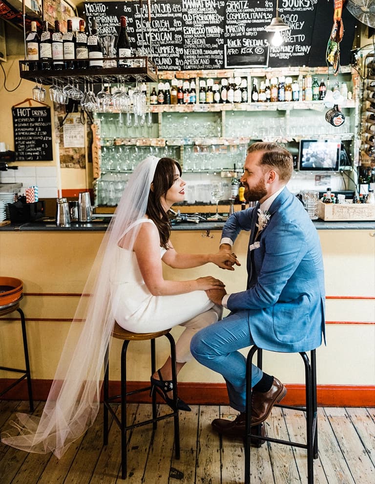 Annabel & Conrad inside bar of their first date