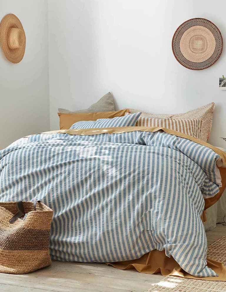 Warm Blue Seersucker Stripe Cotton Duvet, Piglet in Bed