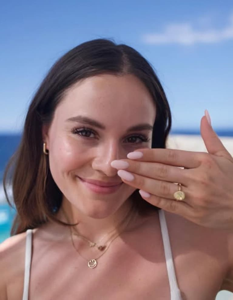 Holly Ramsay headshot. She's smiling with her hand in front of her face. She has long nude nails and is wearing her long dark hair down. She is wearing a white bikini top and gold jewellery. In the background isa beach and blue sky