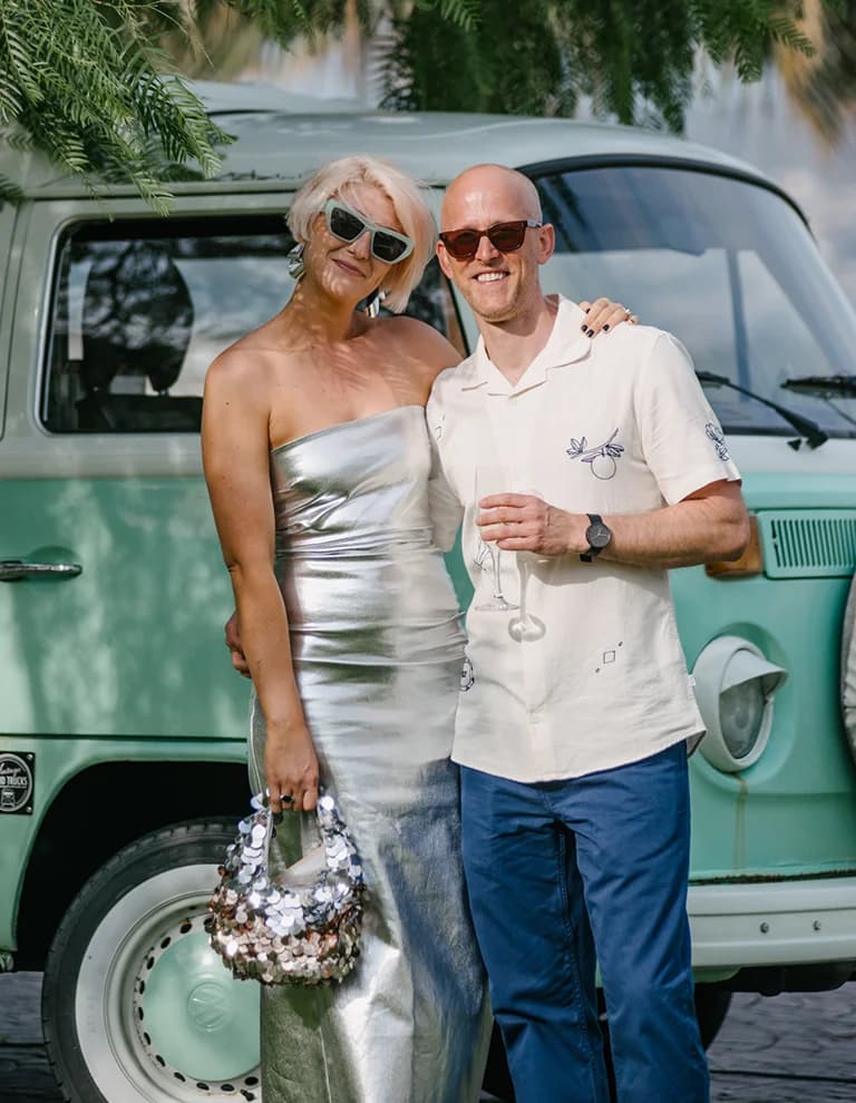 wedding guests in relaxed wedding outfits