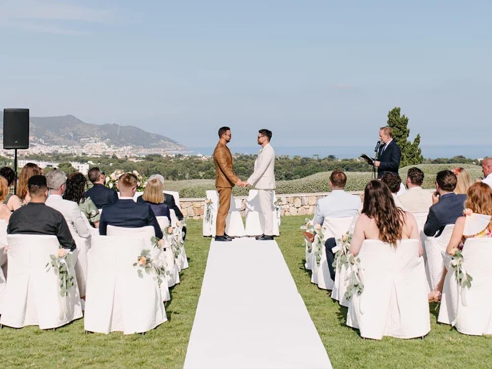 outdoor same-sex wedding ceremony in Sitges, Barcelona