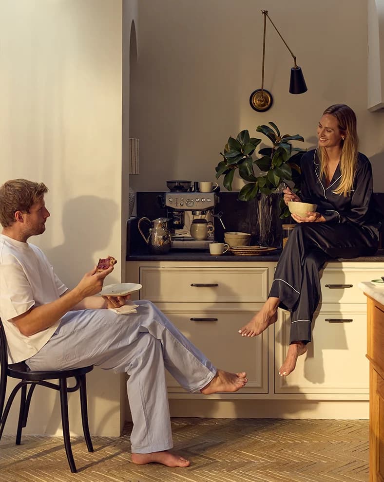 Couple enjoys breakfast together using wedding gifts from The Wedding Shop