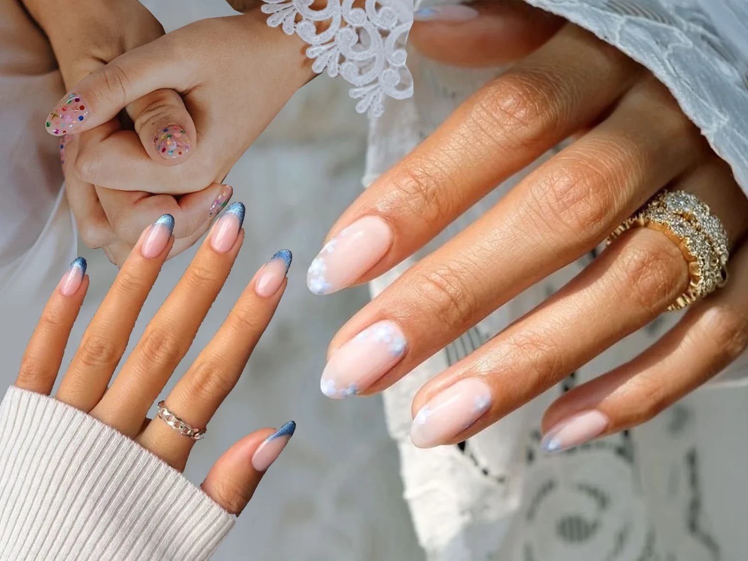 A collage of unique wedding manicure styles