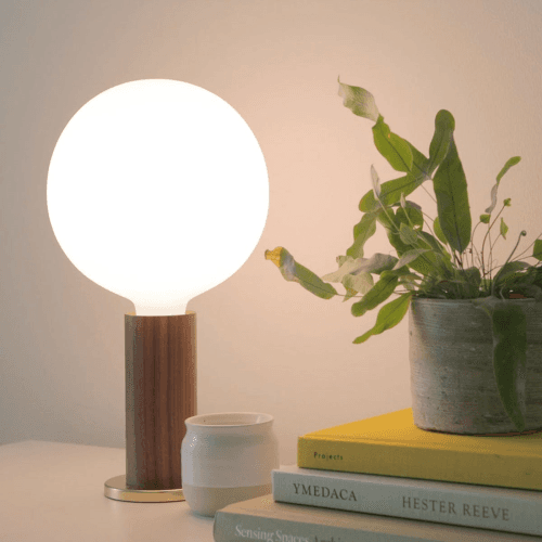 Image showing the Knuckle Pendant Table Lamp with Sphere Bulb, 30 x 15 cm, Walnut & Brass product.