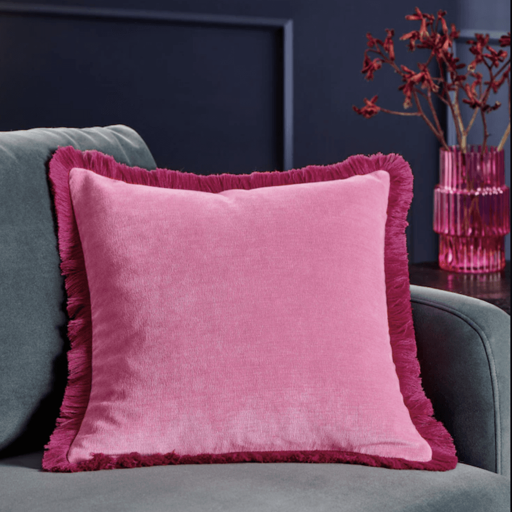 Fushsia Pink 45 x 45cm Soft Velour Contrast Fringe Cushion, Fushsia Pink