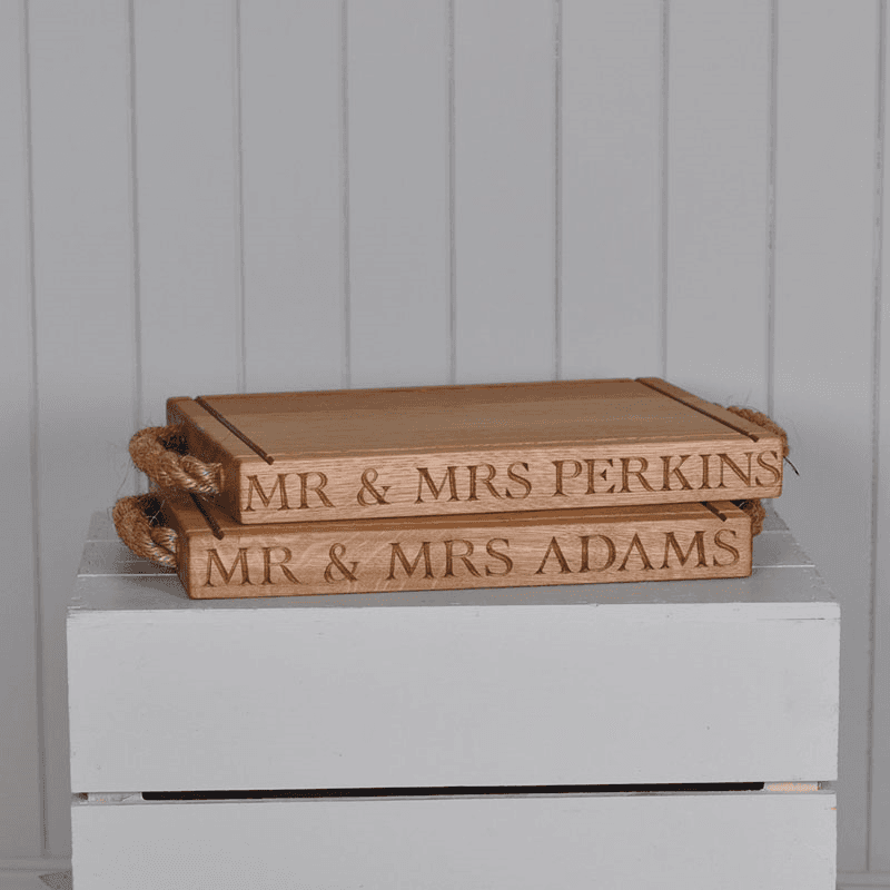 Personalised thin rectangular board with rope handles, Oak