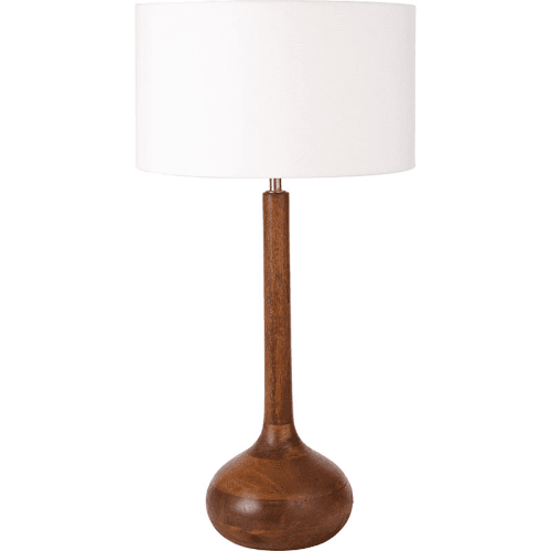 Image showing the Toma Table Lamp with Linen Drum Shade, Oiled Wood product.