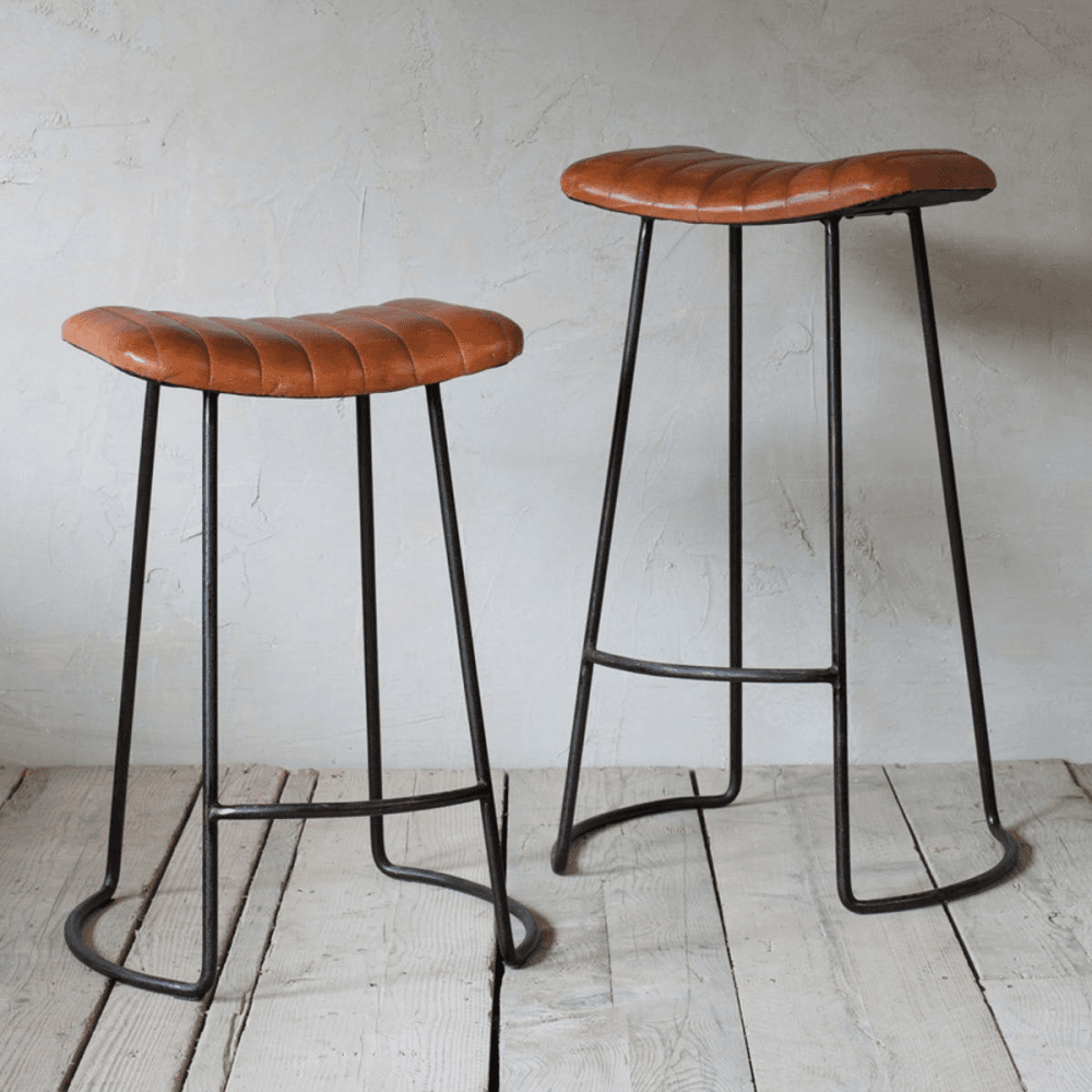 Narwana Ribbed Leather Stool, Aged Leather and Iron