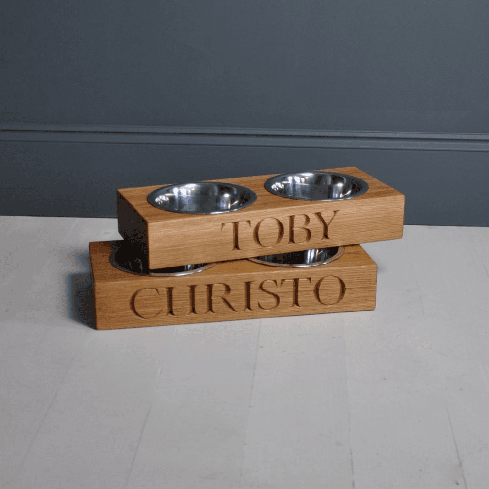 Personalised double dog bowl, Oak And Stainless Steel
