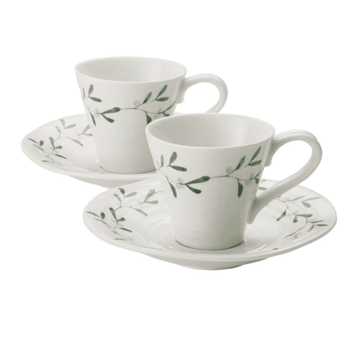 Image showing the Mistletoe Pair of espresso cup & saucers, White/ Green product.