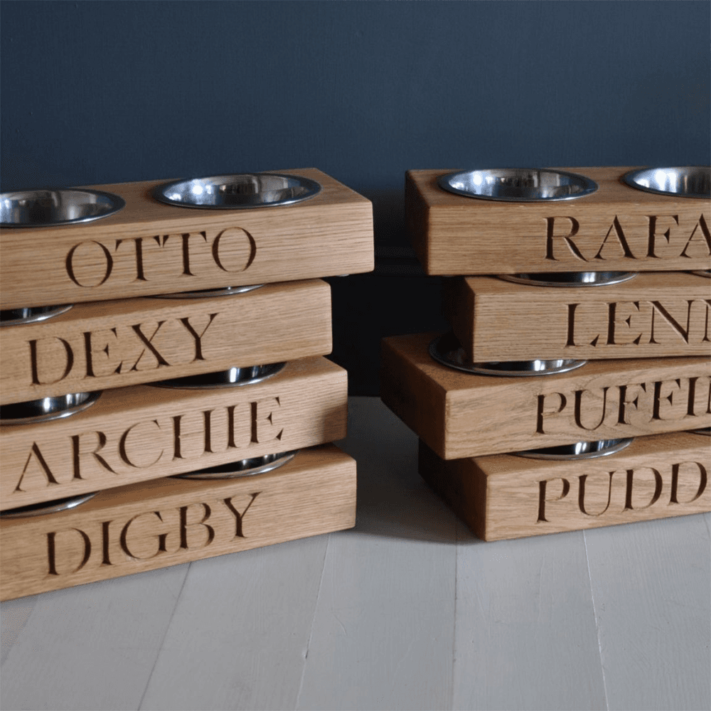 Personalised double dog bowl, Oak And Stainless Steel