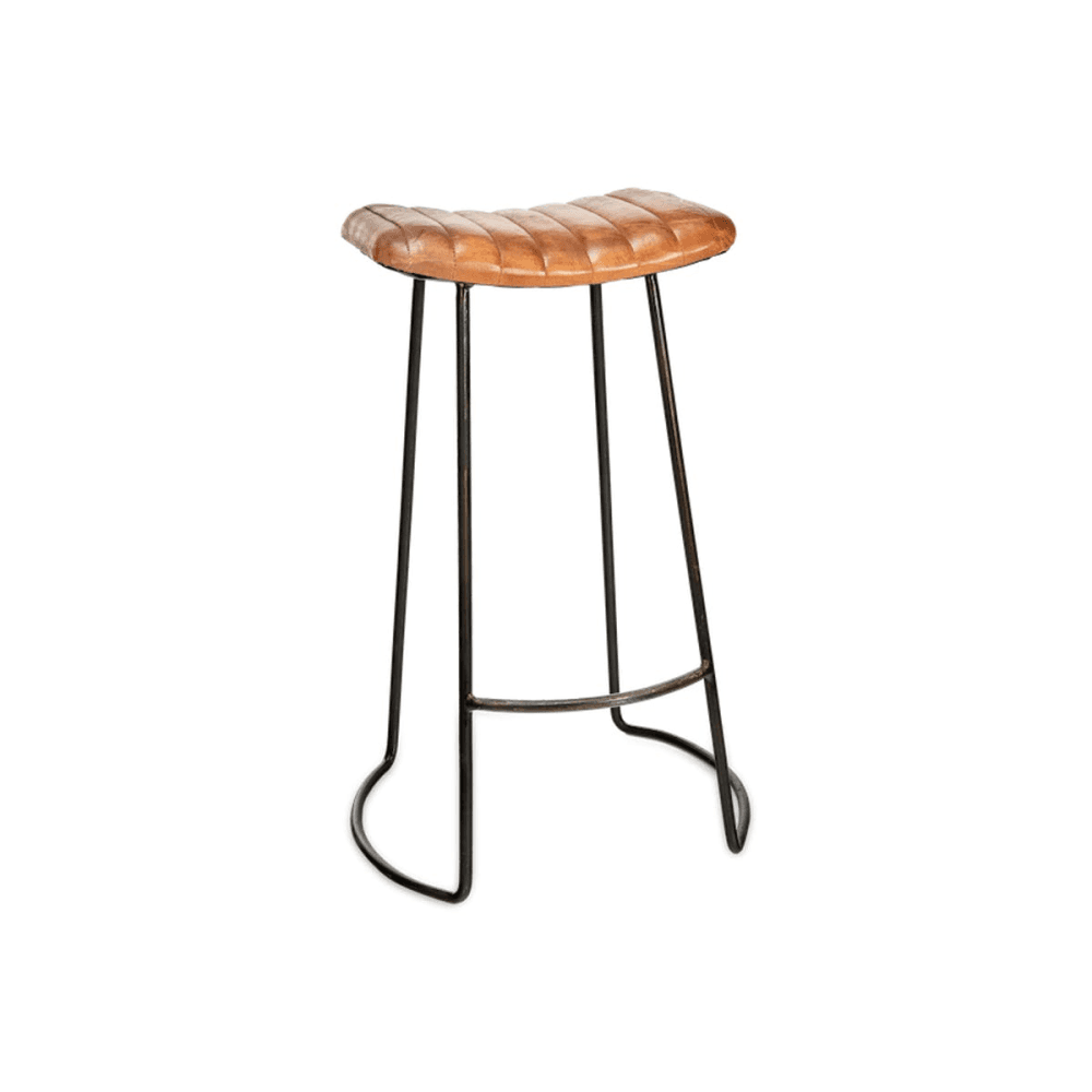 Narwana Ribbed Leather Stool, Aged Leather and Iron