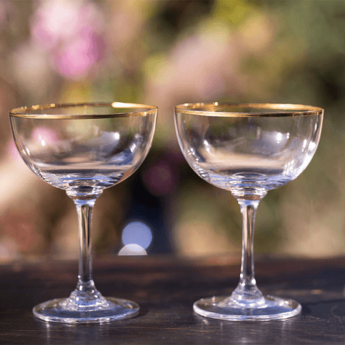 Image showing the Gold Rims Set of 6 Crystal Champagne Saucers, Clear/Gold product.