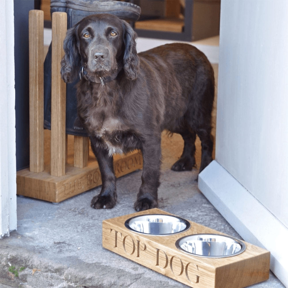 Personalised double dog bowl, Oak And Stainless Steel