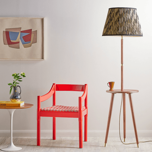 Image showing the Skellig Floor Lamp with Table, Burnt Wood & Brass product.
