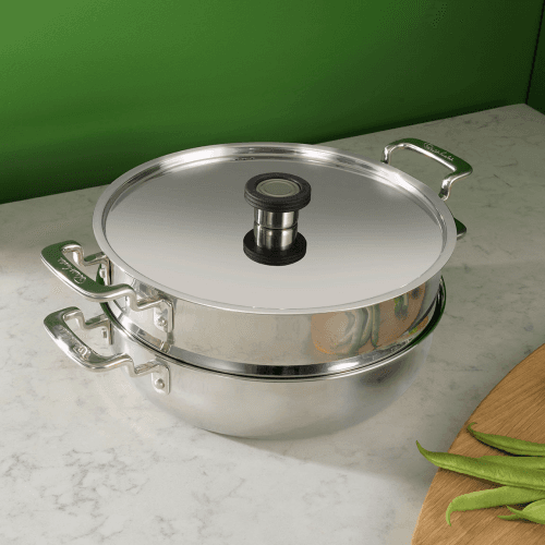 Image showing the 316 2 piece 28cm Low Casserole & Steamer Set, Stainless Steel product.
