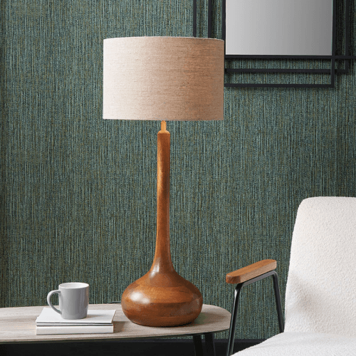 Image showing the Toma Table Lamp with Linen Drum Shade, Oiled Wood product.