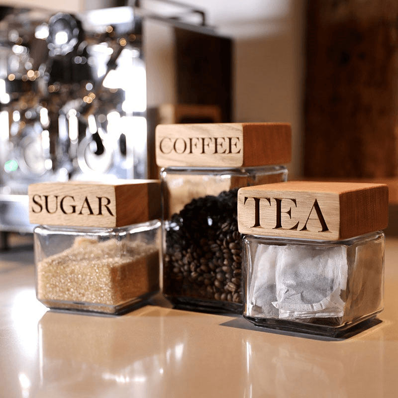 Tea, Coffee, Sugar Set of 3 Storage Jars, Oak & Glass