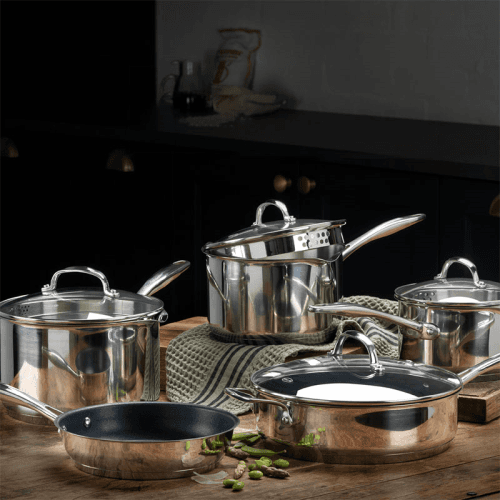Image showing the 7000 5 Piece Draining Saucepan Set, Stainless Steel product.