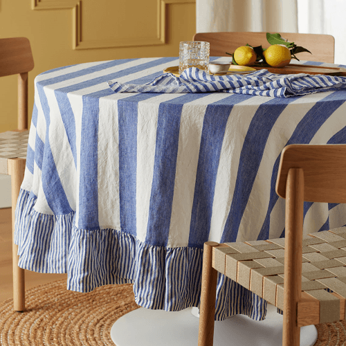 Image showing the Cora Stripe Round Tablecloth, Cobalt product.