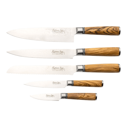 Image showing the Katana Saya Olive Wood 6 Piece Knife Block Set product.