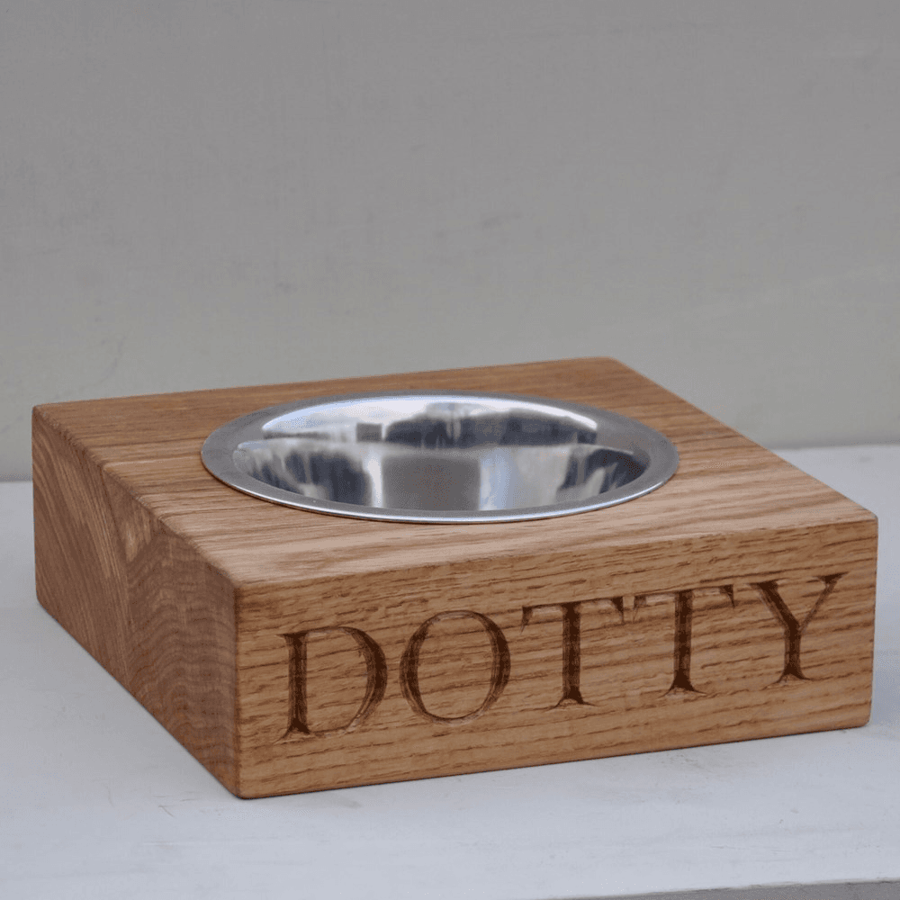 Personalised single dog bowl, Oak And Stainless Steel