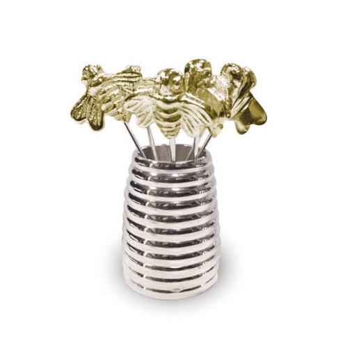 Image showing the Bee Set of 6 large olive picks and holder, Silver product.