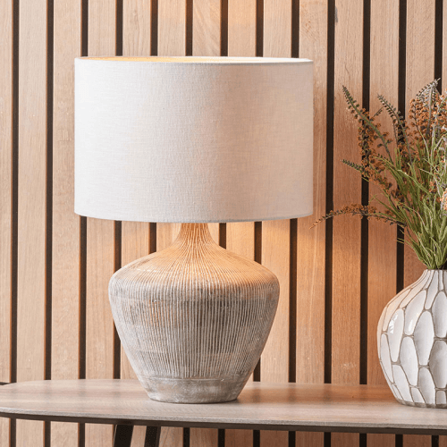 Image showing the Manaia Textured Table Lamp with Linen Drum Shade, White Wash product.